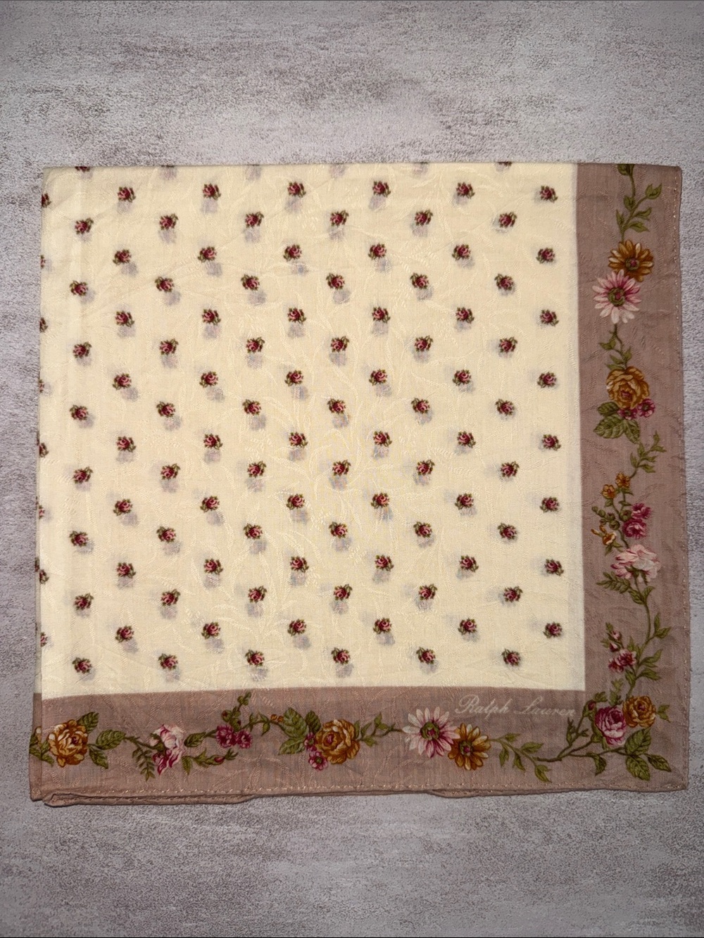 Ralph Lauren Cream cotton Scarf with Brown Floral Border and Rose Motifs